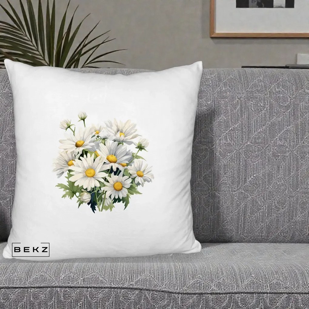 Perna Decorativa Buchet Margarete Albe Acuarela, 40x40 cm, Alb Pufos, Husa Detasabila, Perna Inclusa, BEKZ®