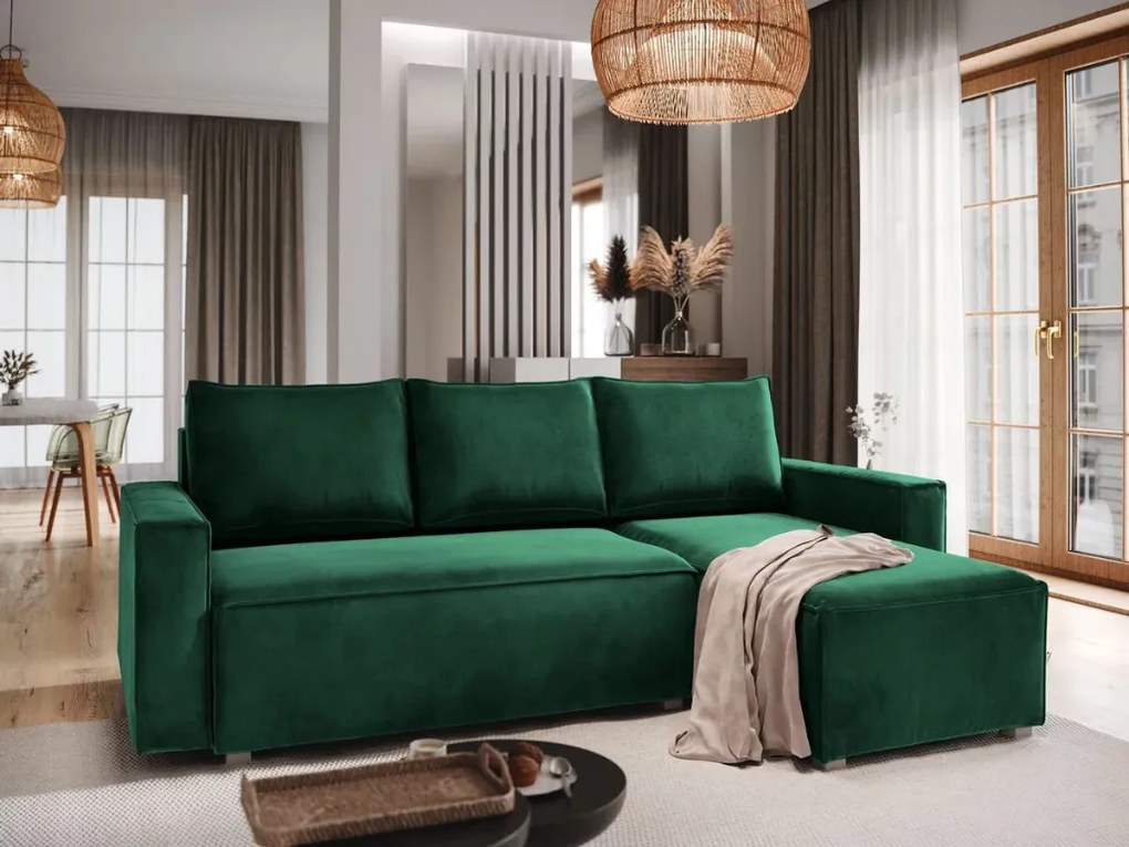 OFERTA Canapea de colt extensibila verde inchis CAVELO, reversibila de calitatea II-a