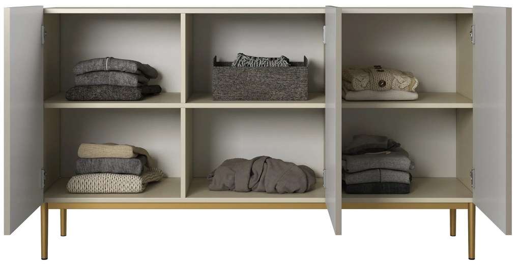 Comodă cu trei uși fațadă canelată Nicole 150 cm - cașmir / picioare aurii