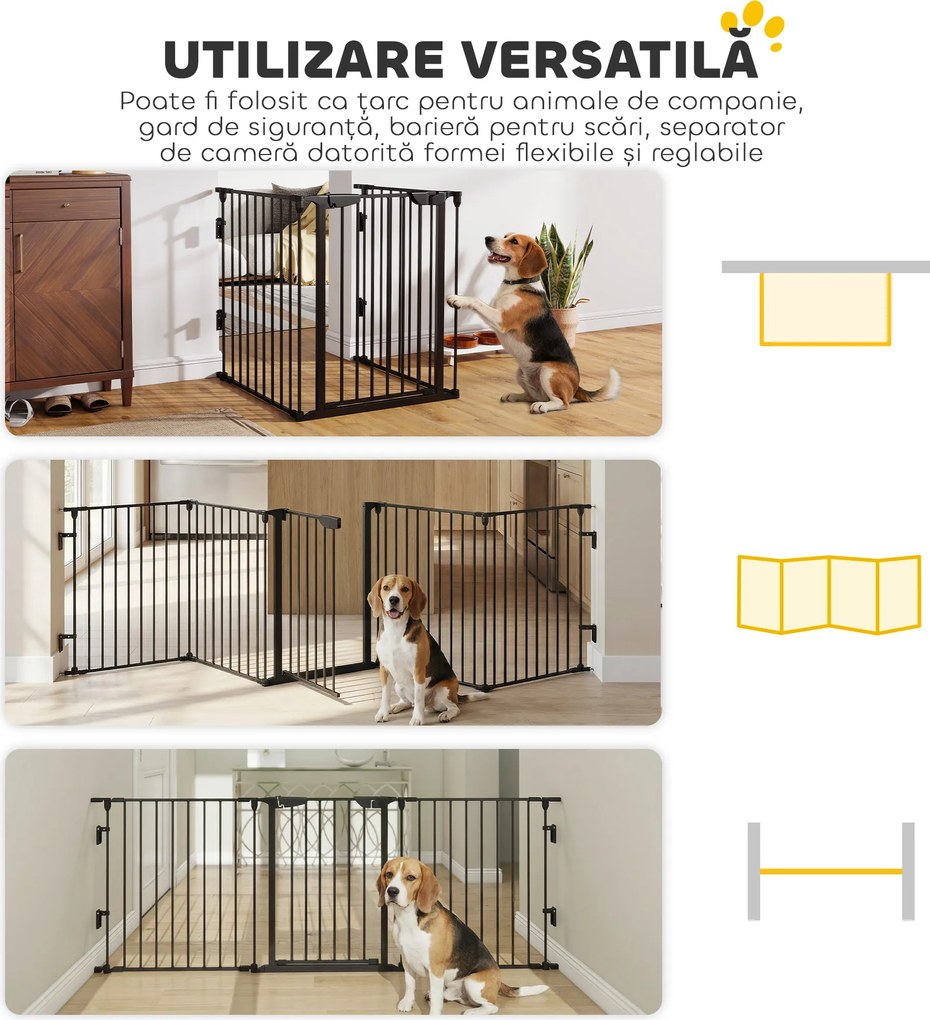 PawHut Poartă pentru Câini de Talie Mică și Medie, Țarc Pliabil cu Structură Modulară cu 5 Panouri, 300x3x74.5 cm, Negru | Aosom Romania