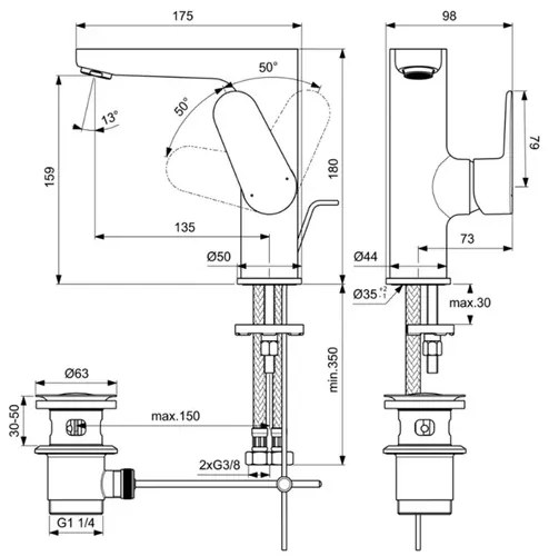 Baterie lavoar Ideal Standard Cerafine O ventil metalic negru mat