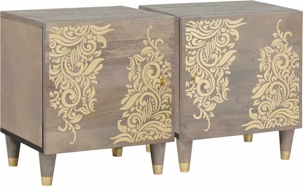 vidaXL Noptieră cu ușă 2 pcs Gri 40 x 33 x 46 cm Lemn de mango solid