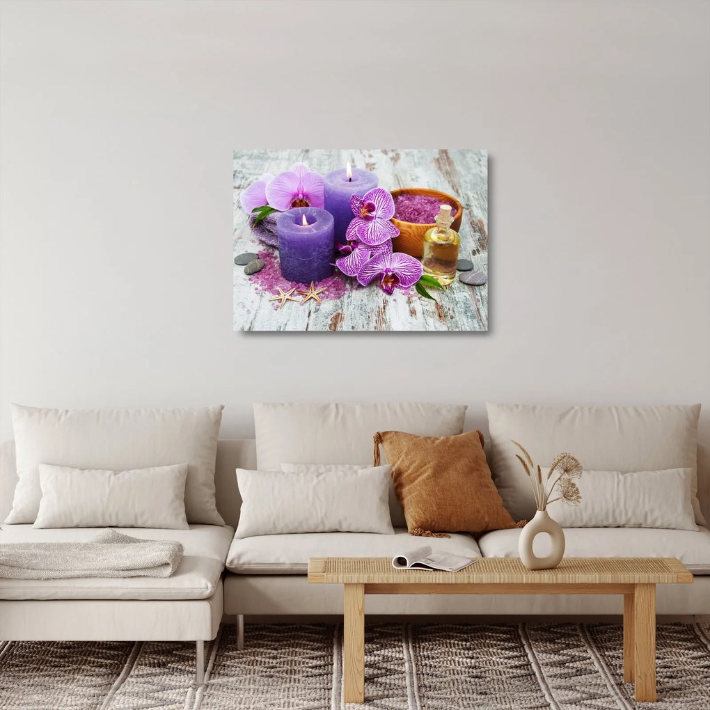 Tablou pe sticlă cu orhidee și lumănări (70x50 cm)