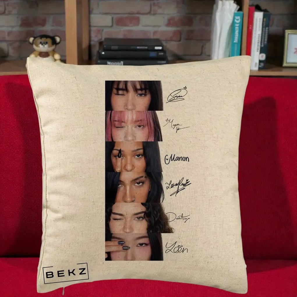 Perna Personalizata K-pop KATSEYE Semnaturi fara Foto, 40x40 cm, Bej, Husa Detasabila, Perna Inclusa, BEKZ®