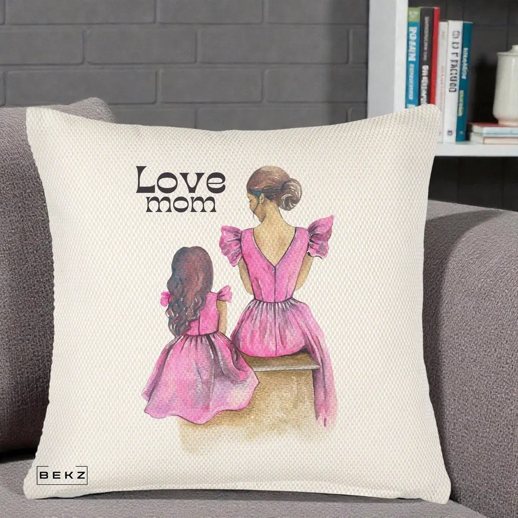 Cadou pentru Mama - Perna Personalizata Love Mom Rochii Roz, 40x40 cm, Crem Reliefat, Husa Detasabila, Perna Inclusa, BEKZ®