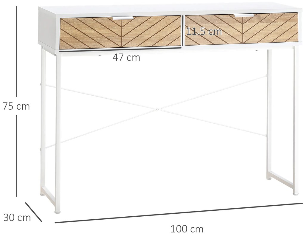 Consola Moderna HOMCOM cu 2 Sertare, Masa pentru Hol Metalica cu Structura Incrucisata, Masuta pentru Sufragerie, Alba | Aosom Romania