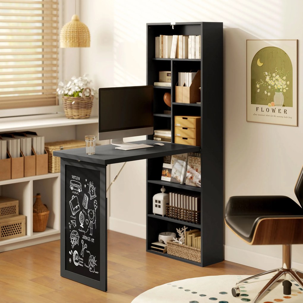 HOMCOM Birou Modern Pliabil cu Bibliotecă și Tablă, din Lemn și Metal, 98x51x153 cm, Negru | Aosom Romania