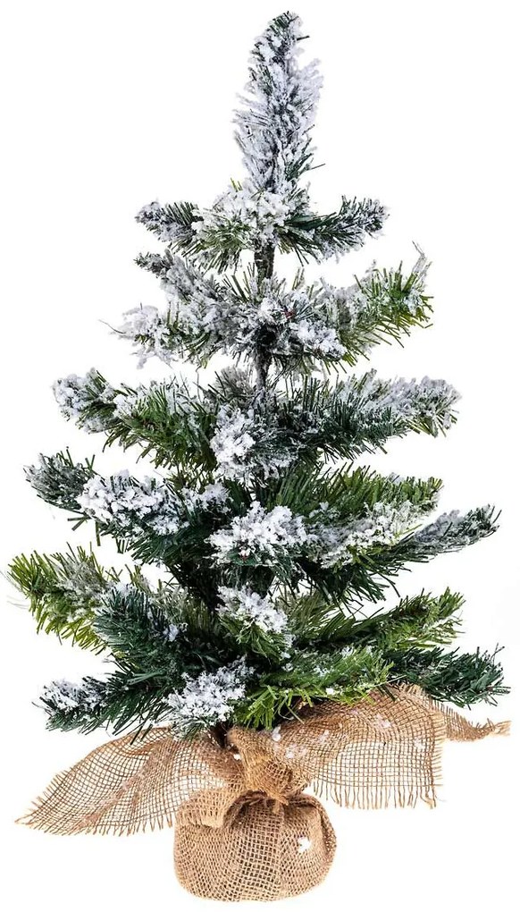 Brad artificial acoperit cu zapada, cu baza in sac de iuta, 50 cm