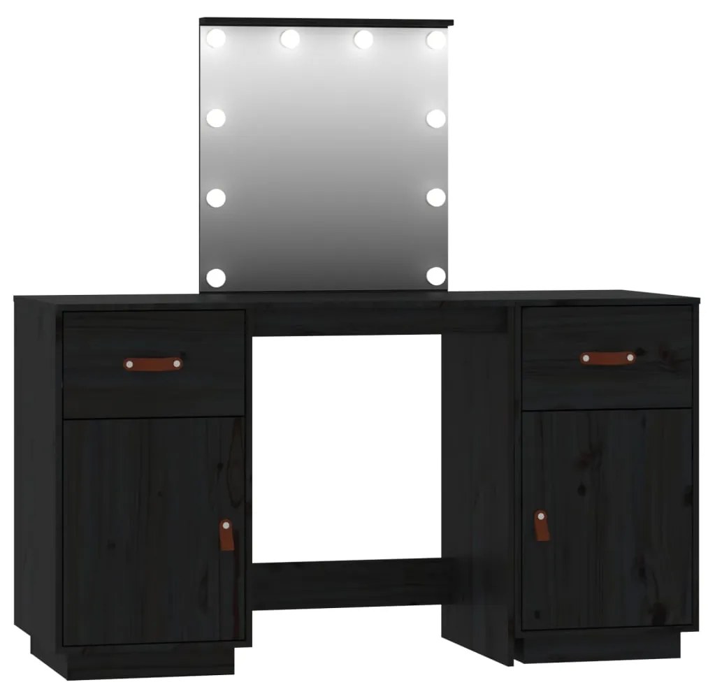 3107843 vidaXL Set de masă de toaletă cu LED, negru, lemn masiv de pin