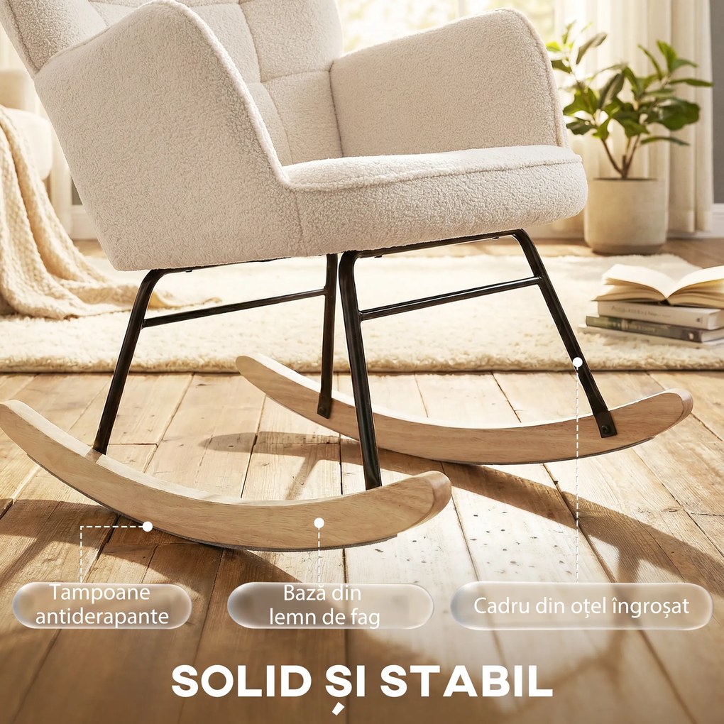 HOMCOM Balansoar Tapițat cu Cotiere, Fotoliu din Lemn și Oțel pentru Living și Dormitor, 71x92x101 cm, Bej