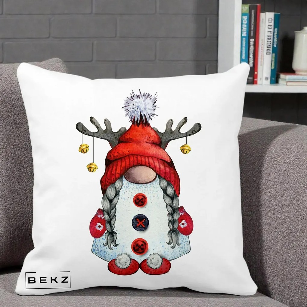 Perna Decorativa Pitic Gnom Craciun cu Coarne de Ren, 40x40 cm, Alba Mata, Husa Detasabila, Perna Inclusa, BEKZ®