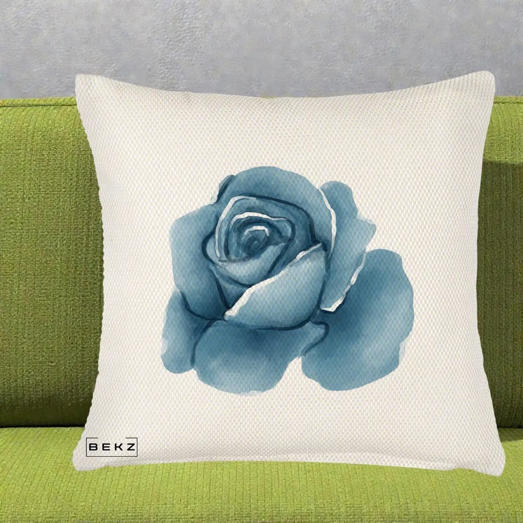 Perna Decorativa Trandafir Albastru Acuarela, 40x40 cm, Crem Reliefat, Husa Detasabila, Perna Inclusa, BEKZ®
