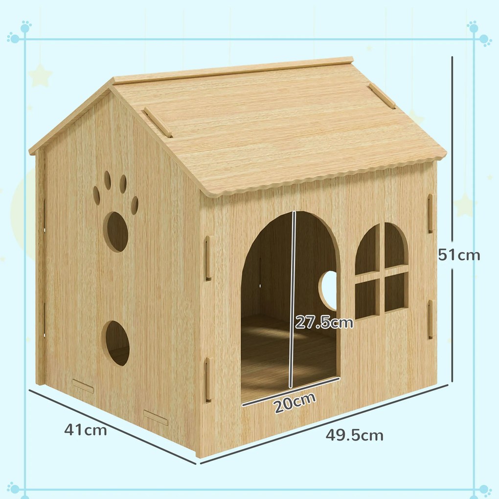 PawHut Căsuță pentru Câini de Interior cu Fereastră Mică și Intrare Frontală, 49,5x41x51 cm, Lemn Natural | Aosom Romania