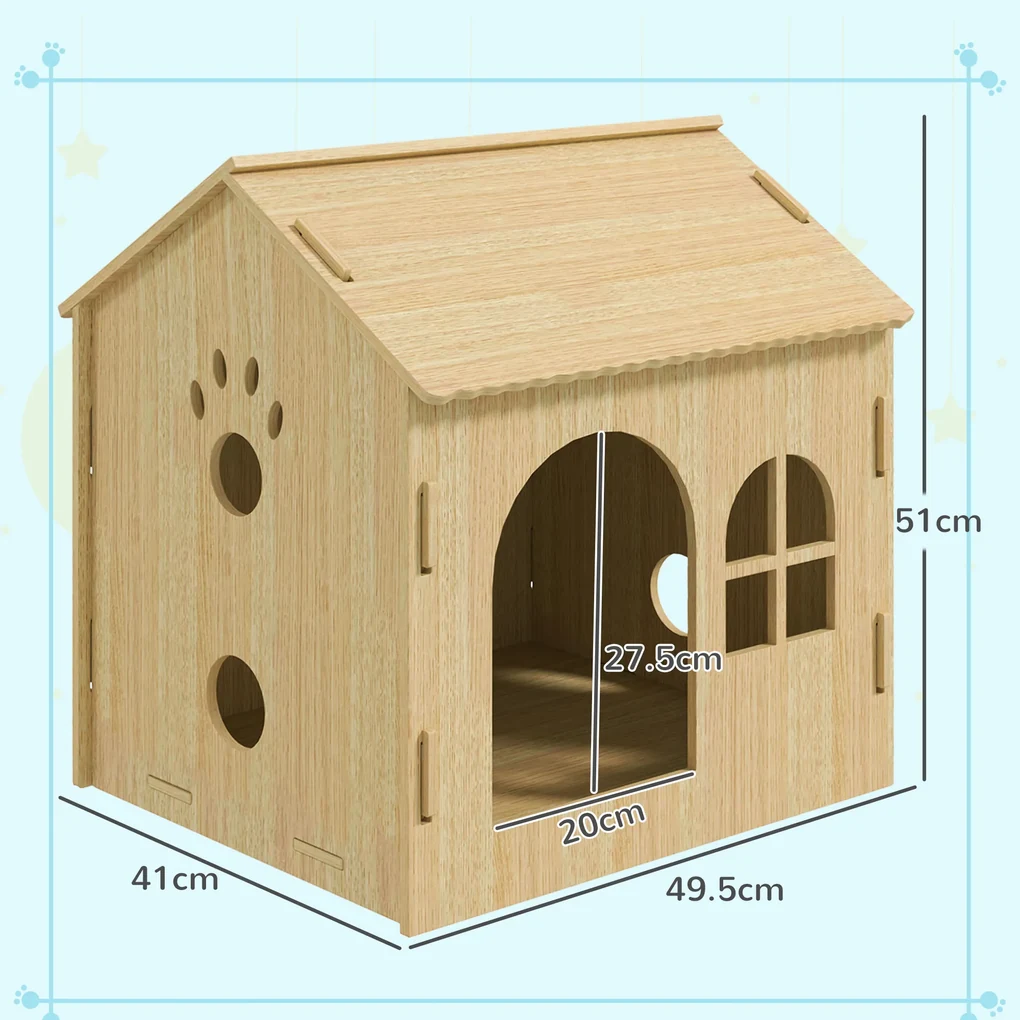 PawHut Căsuță pentru Câini de Interior cu Fereastră Mică și Intrare Frontală, 49,5x41x51 cm, Lemn Natural | Aosom Romania