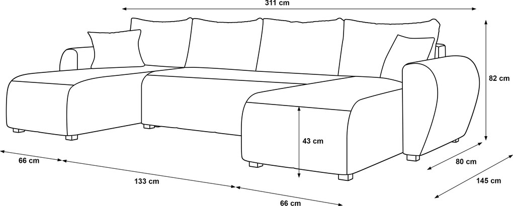 Coltar extensibil in forma de U SEVIO, gri, 311x145 cm + 2 perne GRATUIT