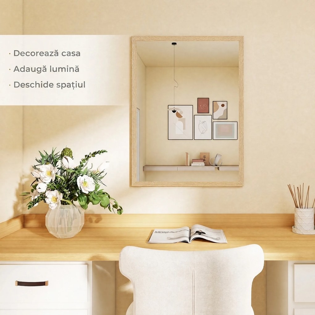 HOMCOM Oglindă de perete dreptunghiulară cu cârlige, din sticlă și MDF, 60x80 cm, finisaj lemn | Aosom Romania