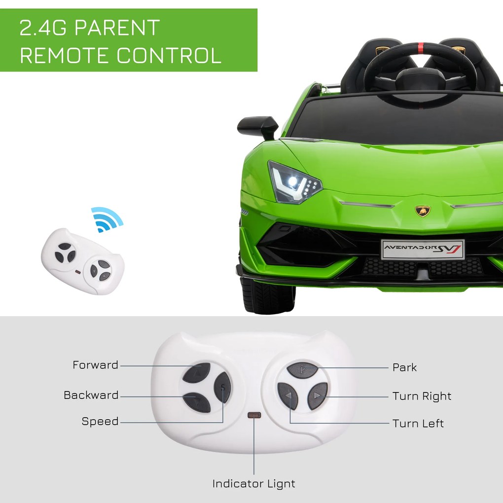 HOMCOM Masina Electrica pentru Copii, Automobil Lamborghini Aventador cu Telecomanda, Faruri LED, Muzica, Varsta 3-8 Ani, Verde | Aosom Romania