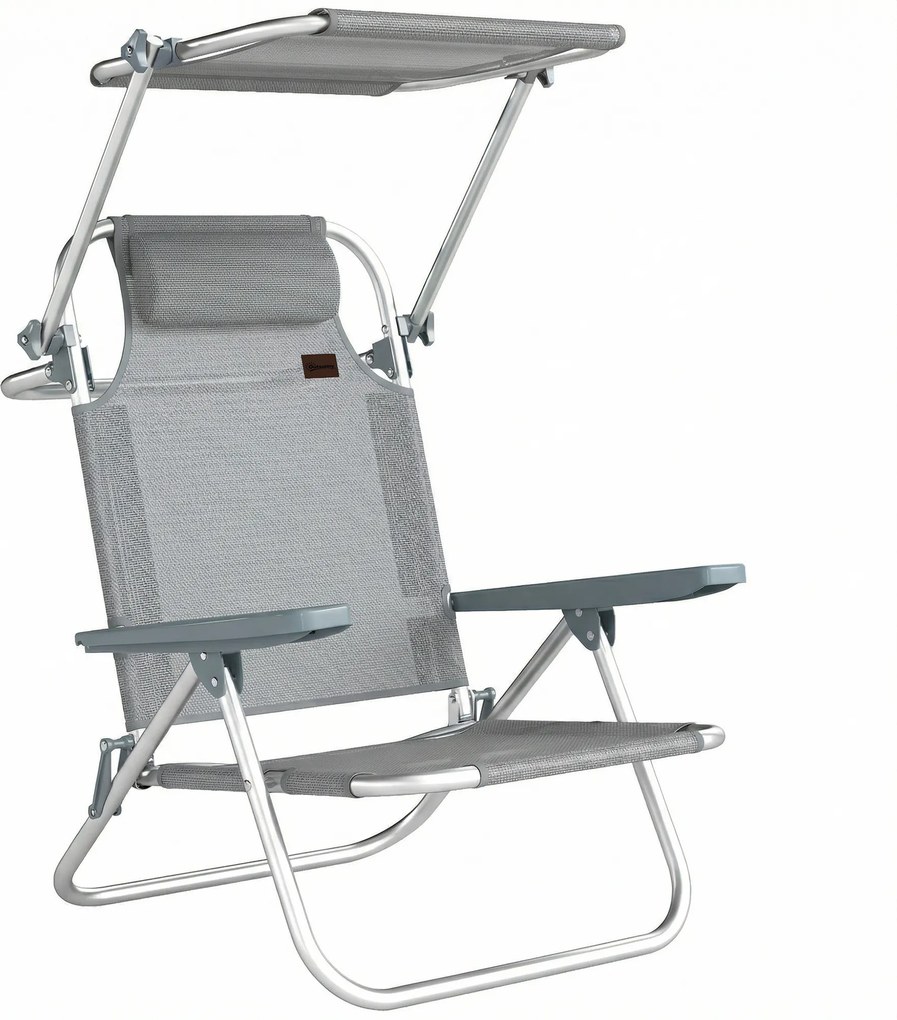 Outsunny Șezlong Reclinabil cu 6 Nivele, Copertină Reglabilă și Tetieră, din Aluminiu și Plasă, 62x68x79, Gri | Aosom Romania