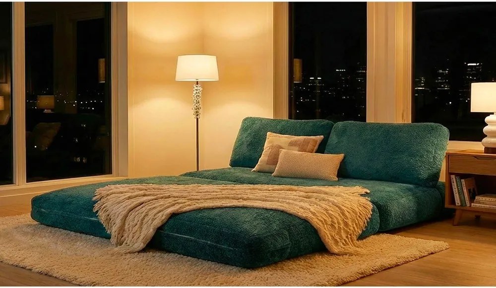 Canapea albastru-verde extensibilă cu tapițerie din țesătură bouclé 150 cm Faster – Mauro Ferretti