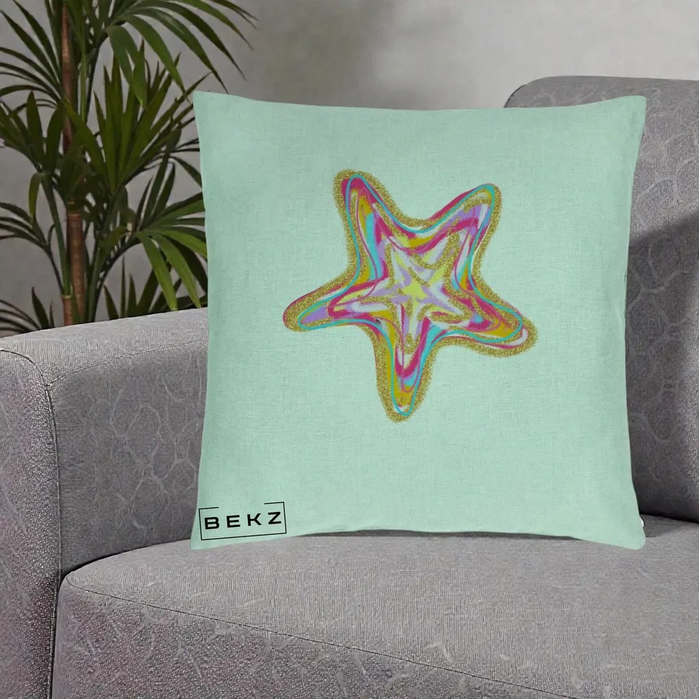 Perna Decorativa Stea de Mare Neon Curcubeu, 40x40 cm, Verde Menta, Husa Detasabila, Perna Inclusa, BEKZ®