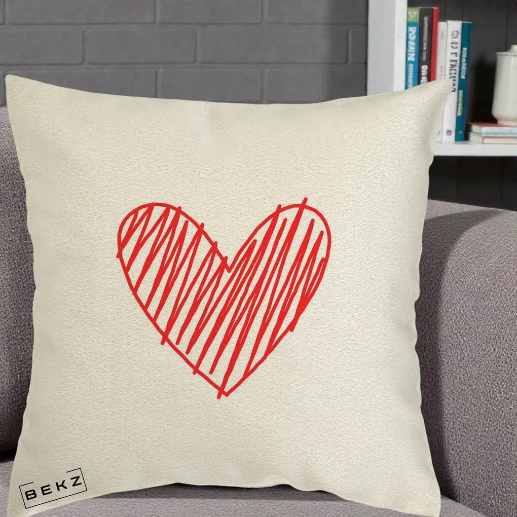 Perna Decorativa Inima Rosie Desen Manual, 40x40 cm, Ecru, Husa Detasabila, Perna Inclusa, BEKZ®