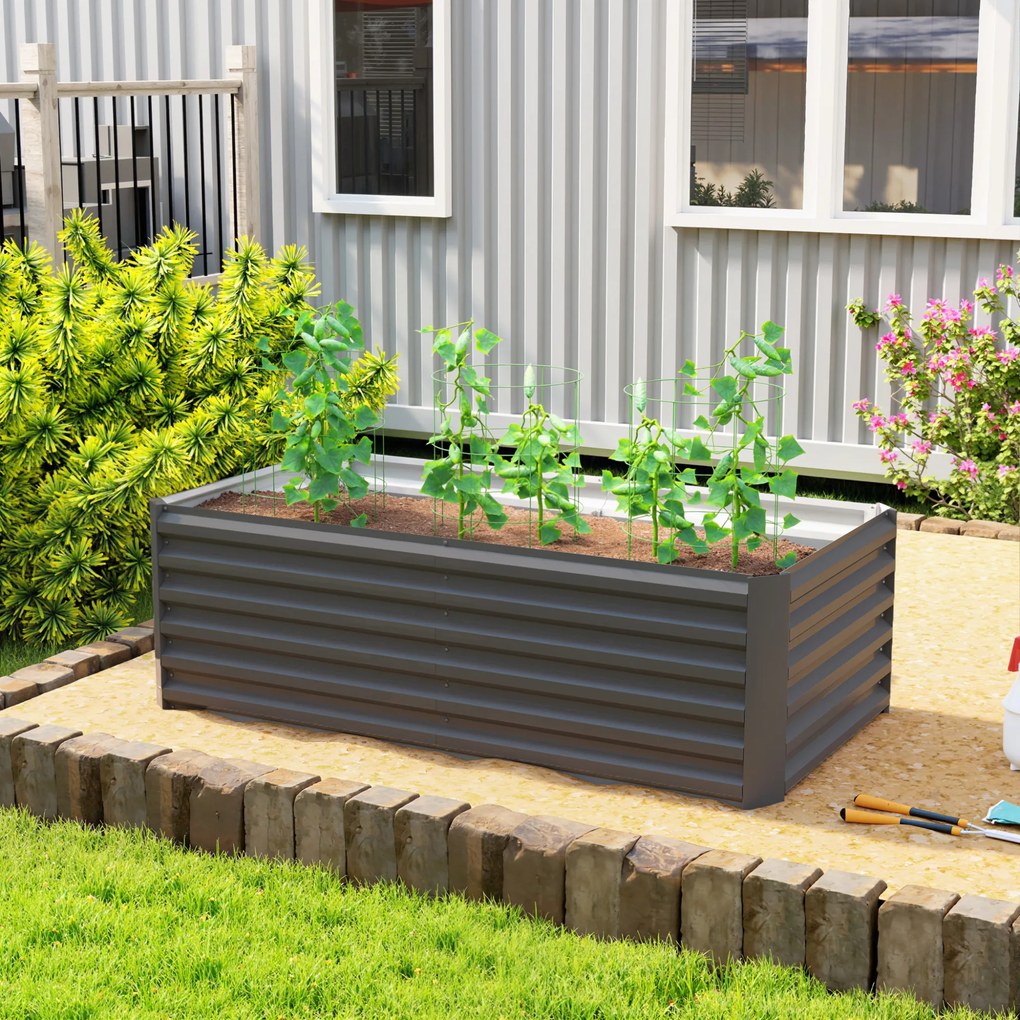 Outsunny Pat de Grădină Ridicat pentru Exterior cu Fund Deschis și Bare de Susținere, Jardinieră din Oțel Galvanizat, pentru Flori, Legume, Balcon sau Grădină, 180x90x57,5 cm, Gri Închis | Aosom Romania