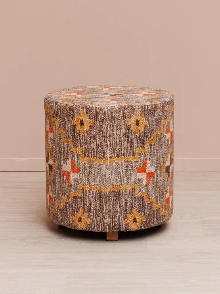 Taburet bej, din lemn de acacia, bumbac si lana, Klimt Kilim
