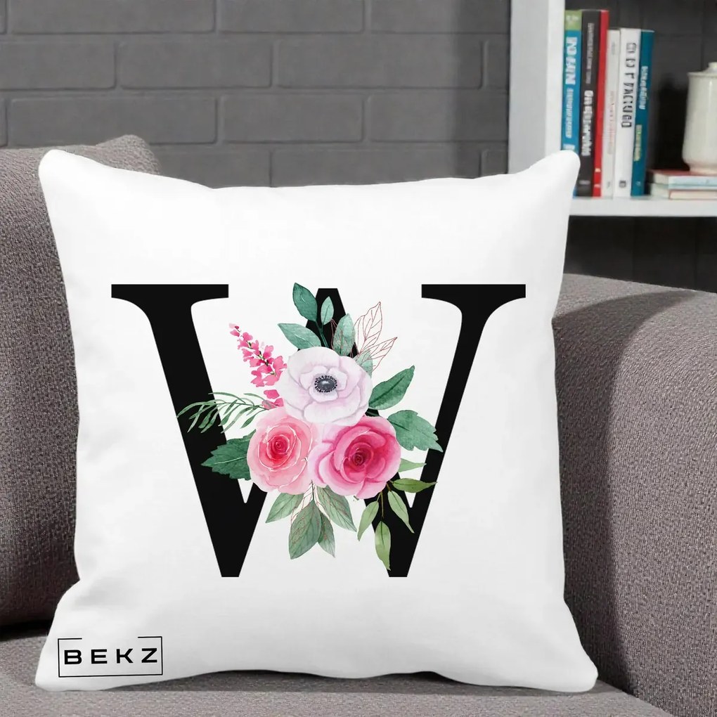 Cadou Personalizat - Perna Personalizata Monograma Florala Litera W cu Trandafiri si Anemona, 40x40 cm, Alba Mata, Husa Detasabila, Perna Inclusa, BEKZ®