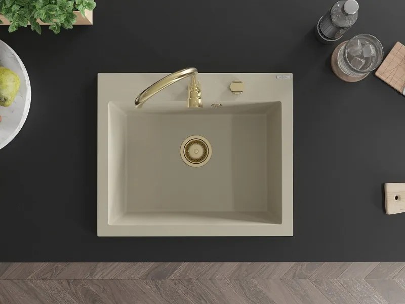Mexen Elix chiuvetă din granit cu 1 compartiment 600 x 500 mm, bej, sifon auriu - 6525601005-69-G