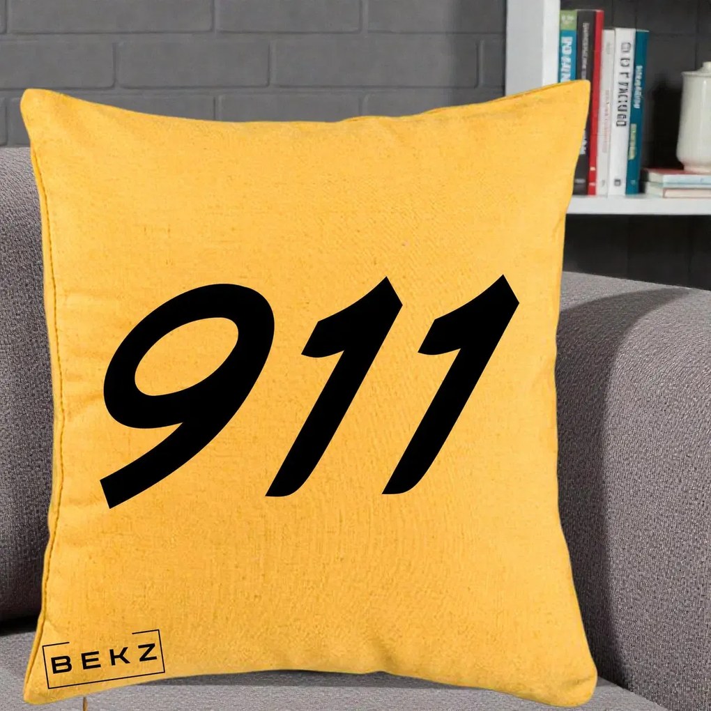 Perna Personalizata 911 Bold, 40x40 cm, Galben, Husa Detasabila, Perna Inclusa, BEKZ®