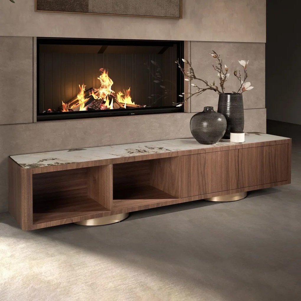 Comoda TV din furnir de nuc cu blat marmura portelanata Walnut