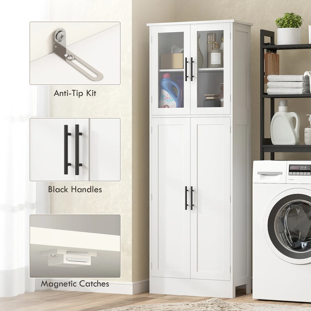 HOMCOM Dulap Baie 170 cm, Depozitare Independentă cu Uși din Sticlă și Rafturi Reglabile, Alb | Aosom Romania