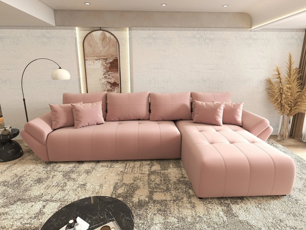 Colțar extensibil dumonde cu ladă de depozitare si sezut confortabil din spuma high-density, Berlin XL Royal Roz 350x185 cm II