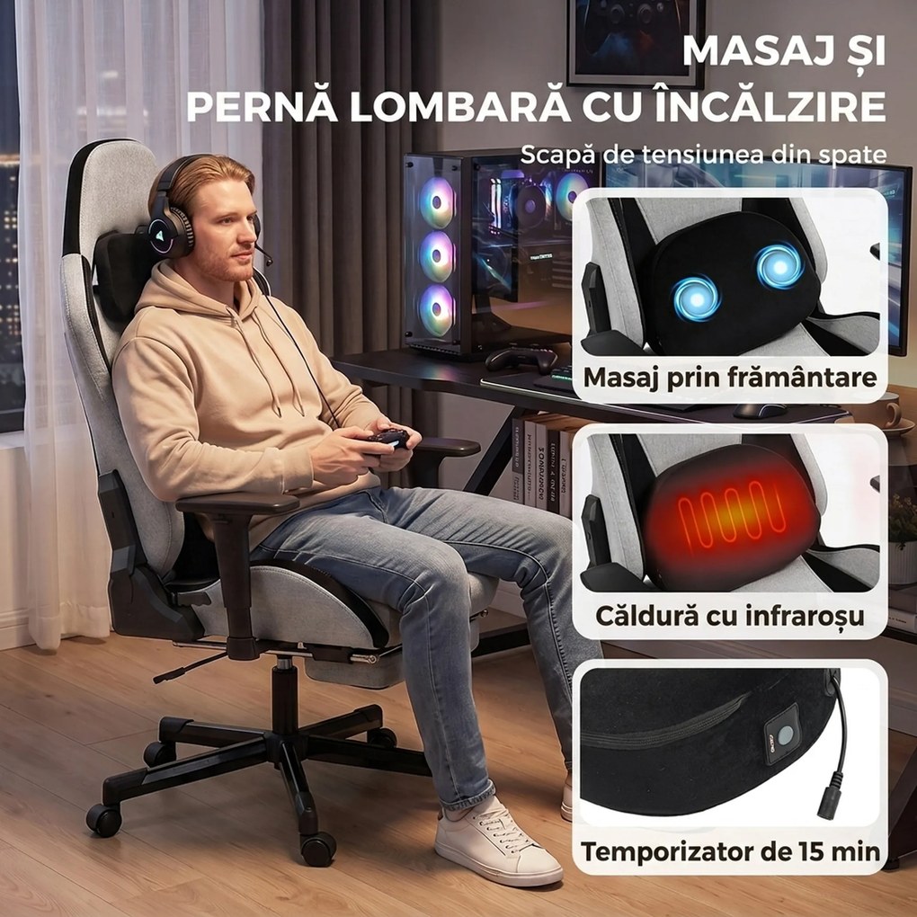 HOMCOM Scaun Gaming Ergonomic cu Masaj încălzit, Suport Picioare, Textil, Gri | Aosom Romania