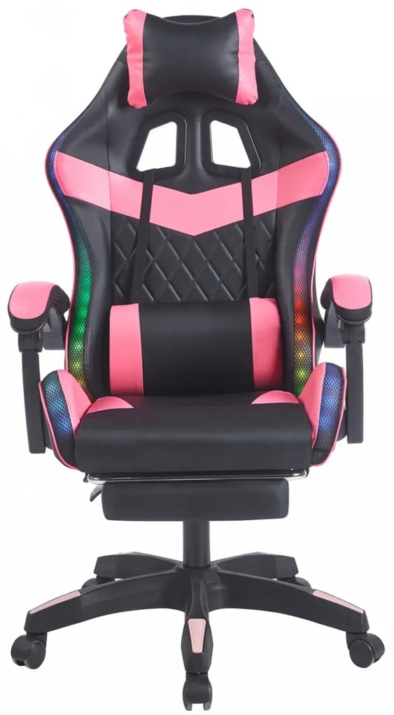 Scaun gaming, sistem iluminare bandă LED RGB, masaj în perna lombară, suport picioare, Negru/Roz
