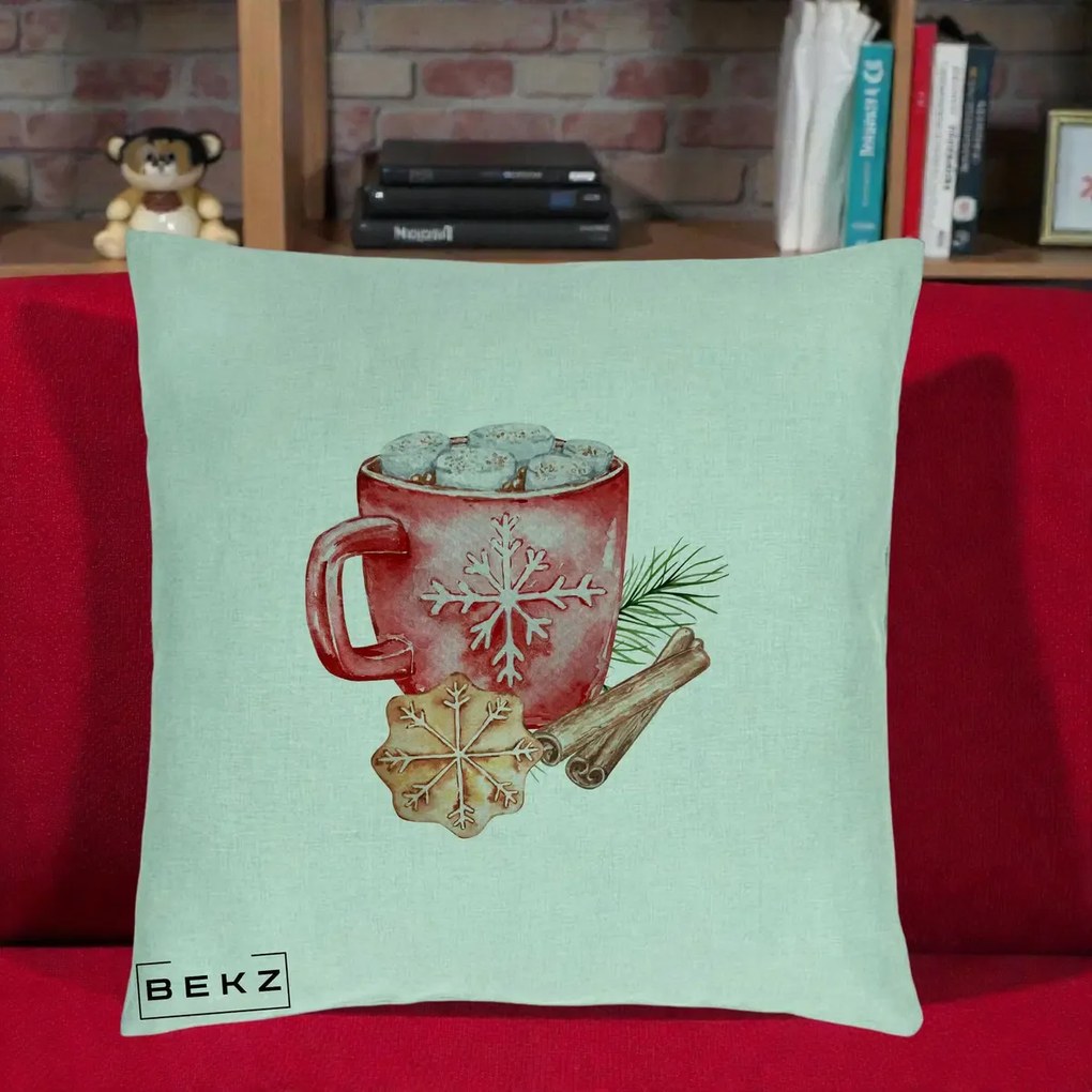 Perna Decorativa Cacao de Iarna cu Biscuit, 40x40 cm, Verde Menta, Husa Detasabila, Perna Inclusa, BEKZ®