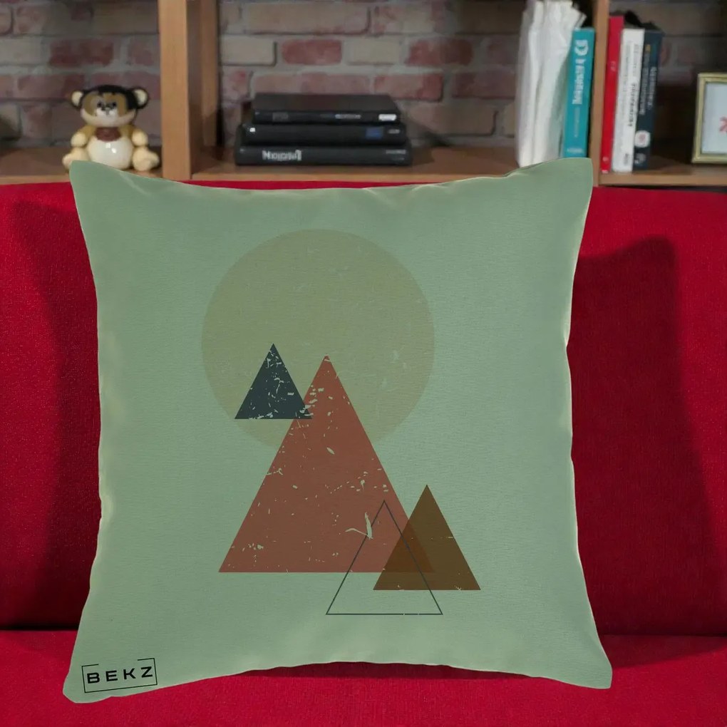 Perna Decorativa Geometric Munti si Soare, 40x40 cm, Verde, Husa Detasabila, Perna Inclusa, BEKZ®