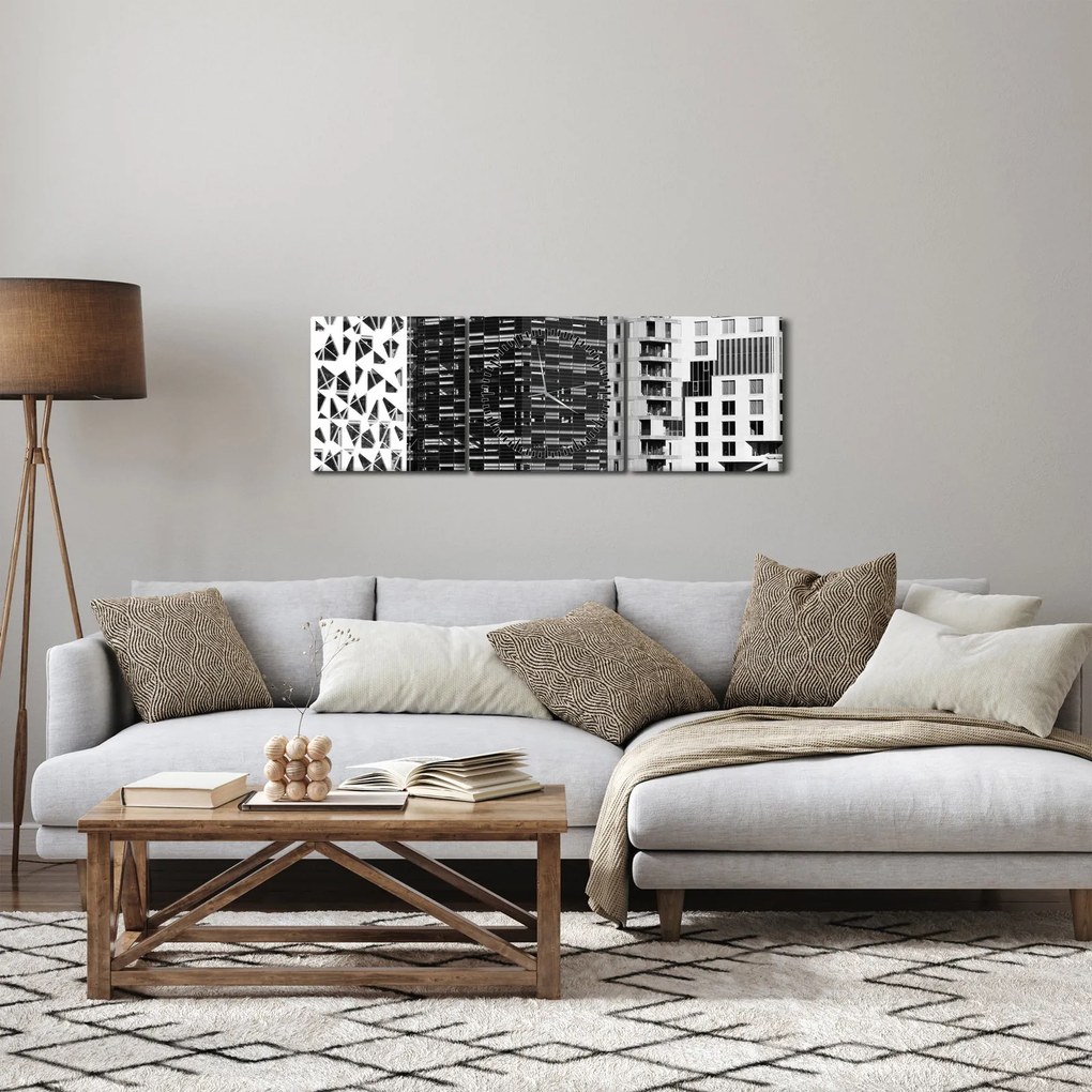 Tablou cu arhitectura alb neagră (cu ceas) (90x30 cm)