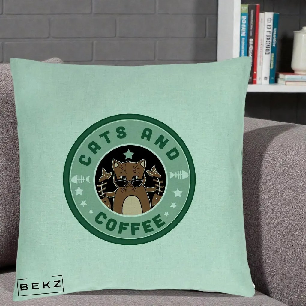 Perna Personalizata Cats and Coffee Starbucks, 40x40 cm, Verde Menta, Husa Detasabila, Perna Inclusa, BEKZ®
