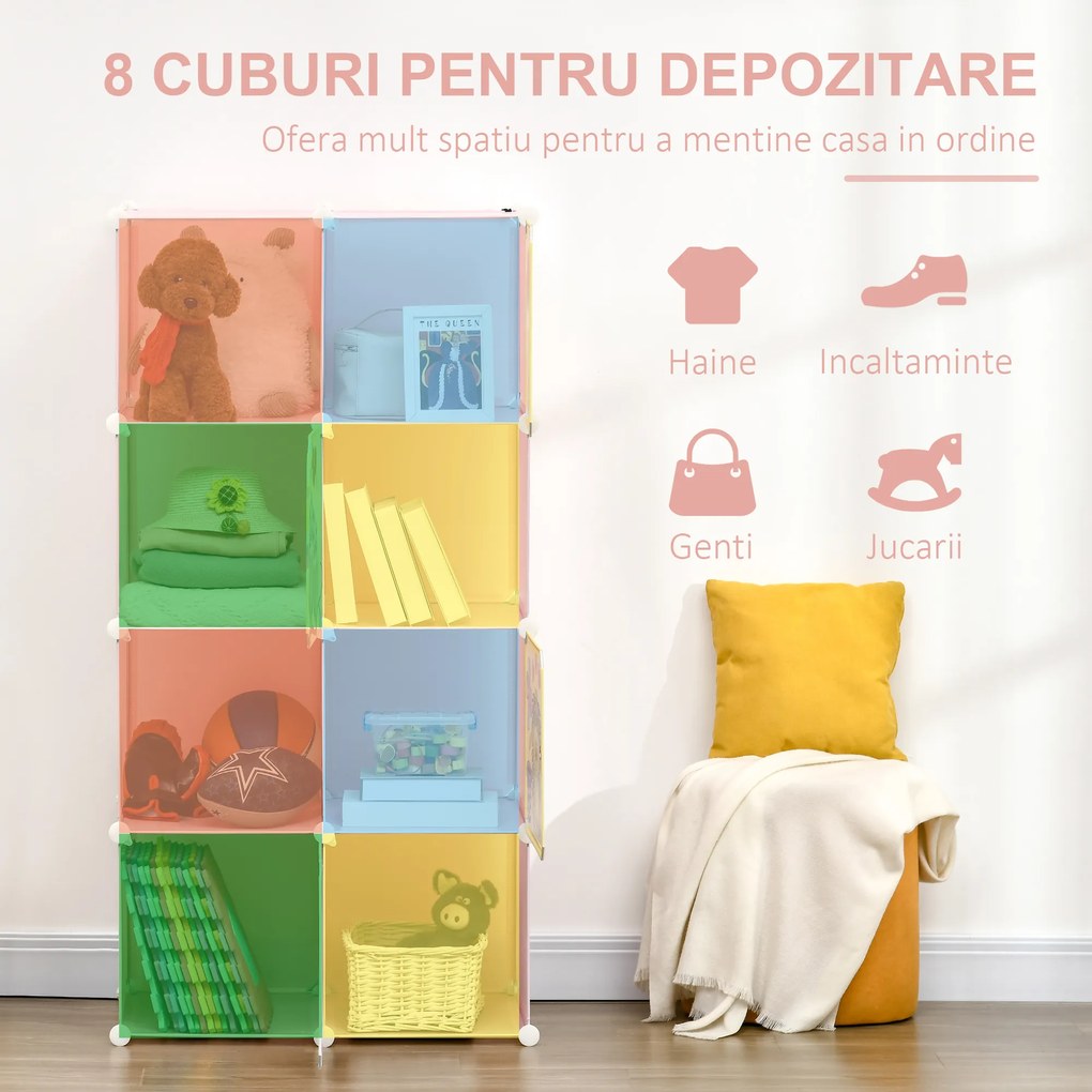 HOMCOM Mobilier Modular Încălțăminte cu Decor Zoo, 8 Cuburi Roz PP și Oțel, 74x47x144cm, Organizare Eficientă | Aosom Romania