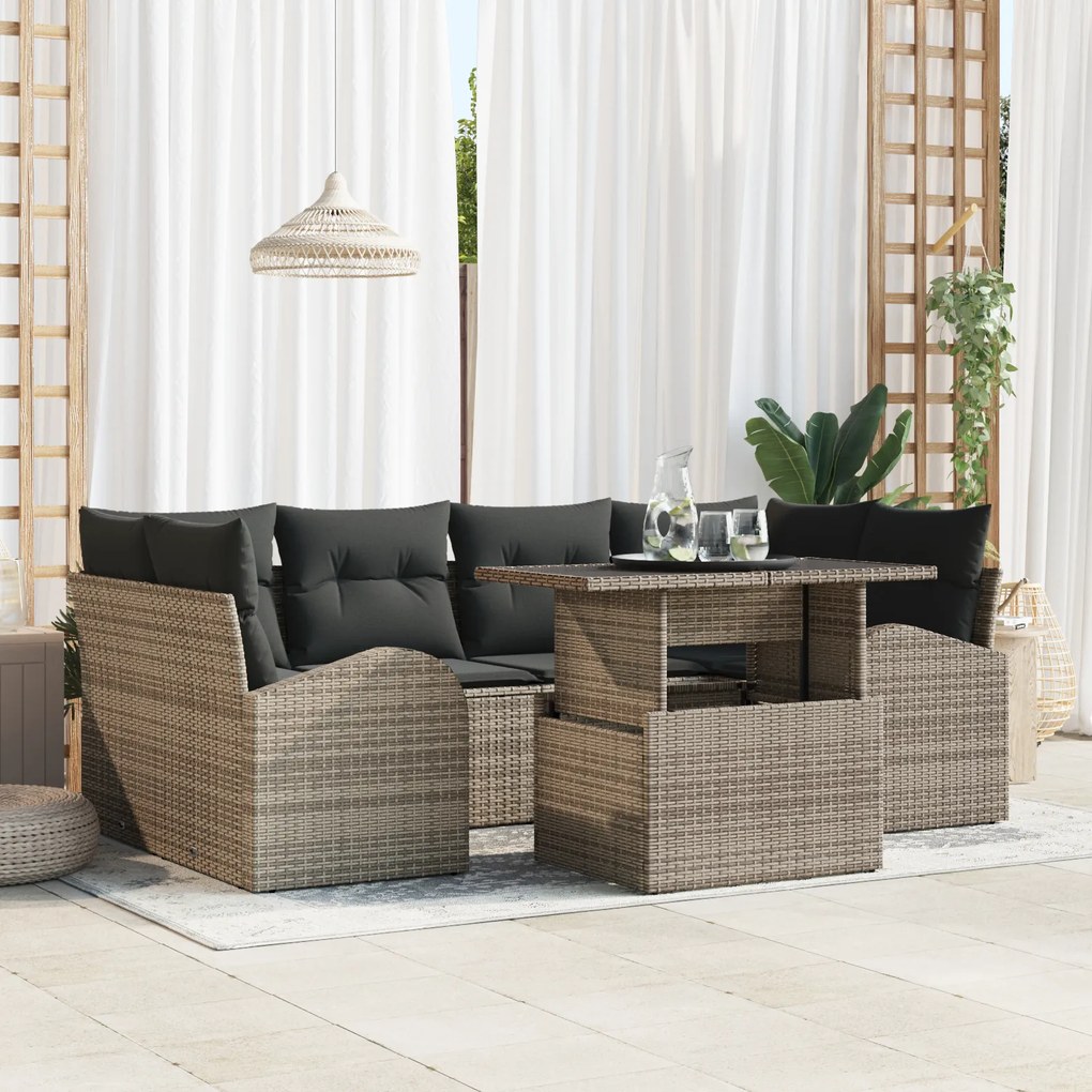 vidaXL Set de canapele pentru grădină cu pernă 7 pcs Gri Rattan poli