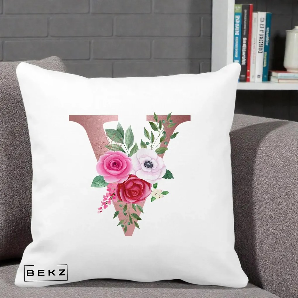 Cadou Personalizat - Perna Personalizata Monograma Rose Gold Litera V, 40x40 cm, Alba Mata, Husa Detasabila, Perna Inclusa, BEKZ®