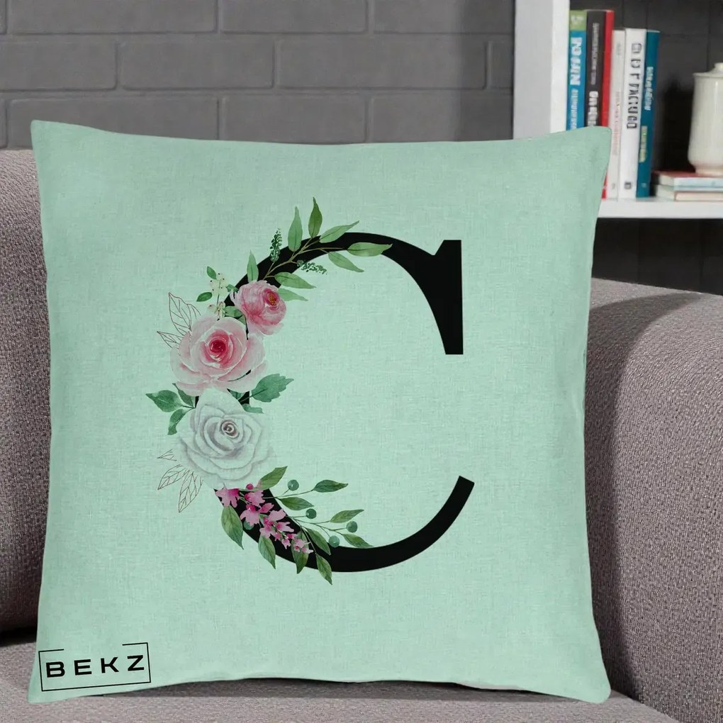 Cadou Personalizat - Perna Personalizata Monograma Florala Litera C, 40x40 cm, Verde Menta, Husa Detasabila, Perna Inclusa, BEKZ®