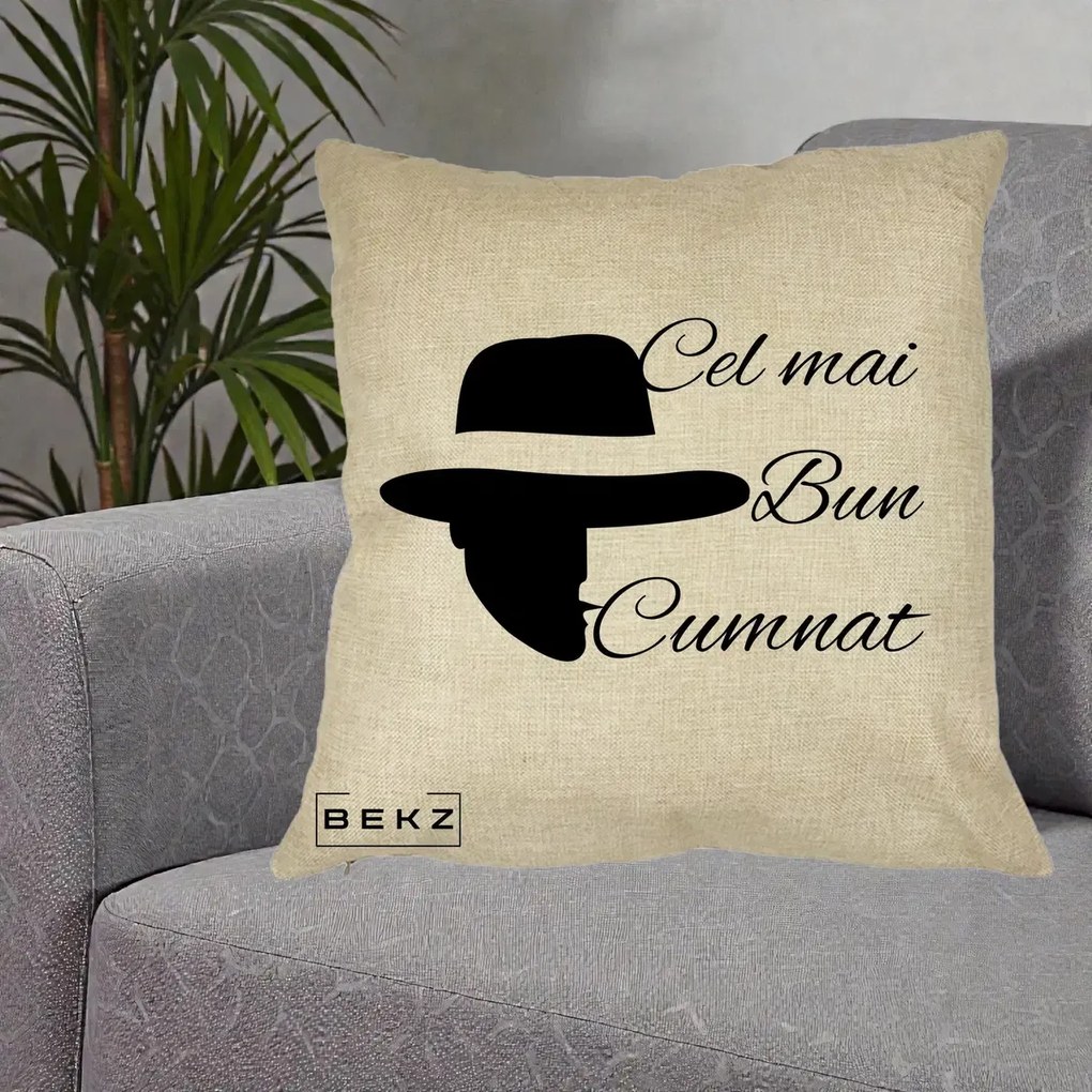 Cadou pentru Cumnat - Perna Personalizata Cel mai Bun Cumnat cu Silueta Palarie, 40x40 cm, Crem, Husa Detasabila, Perna Inclusa, BEKZ®