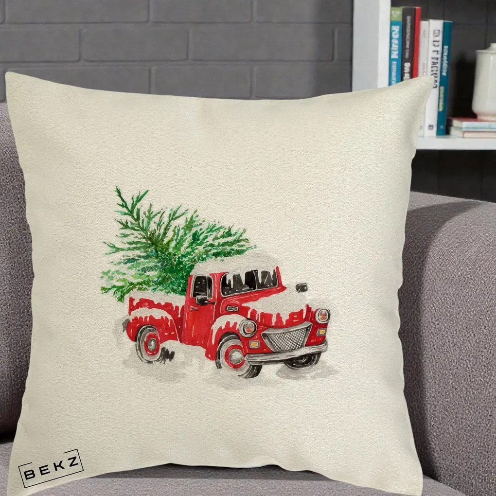 Perna Decorativa Camioneta Rosie Brad de Craciun, 40x40 cm, Ecru, Husa Detasabila, Perna Inclusa, BEKZ®