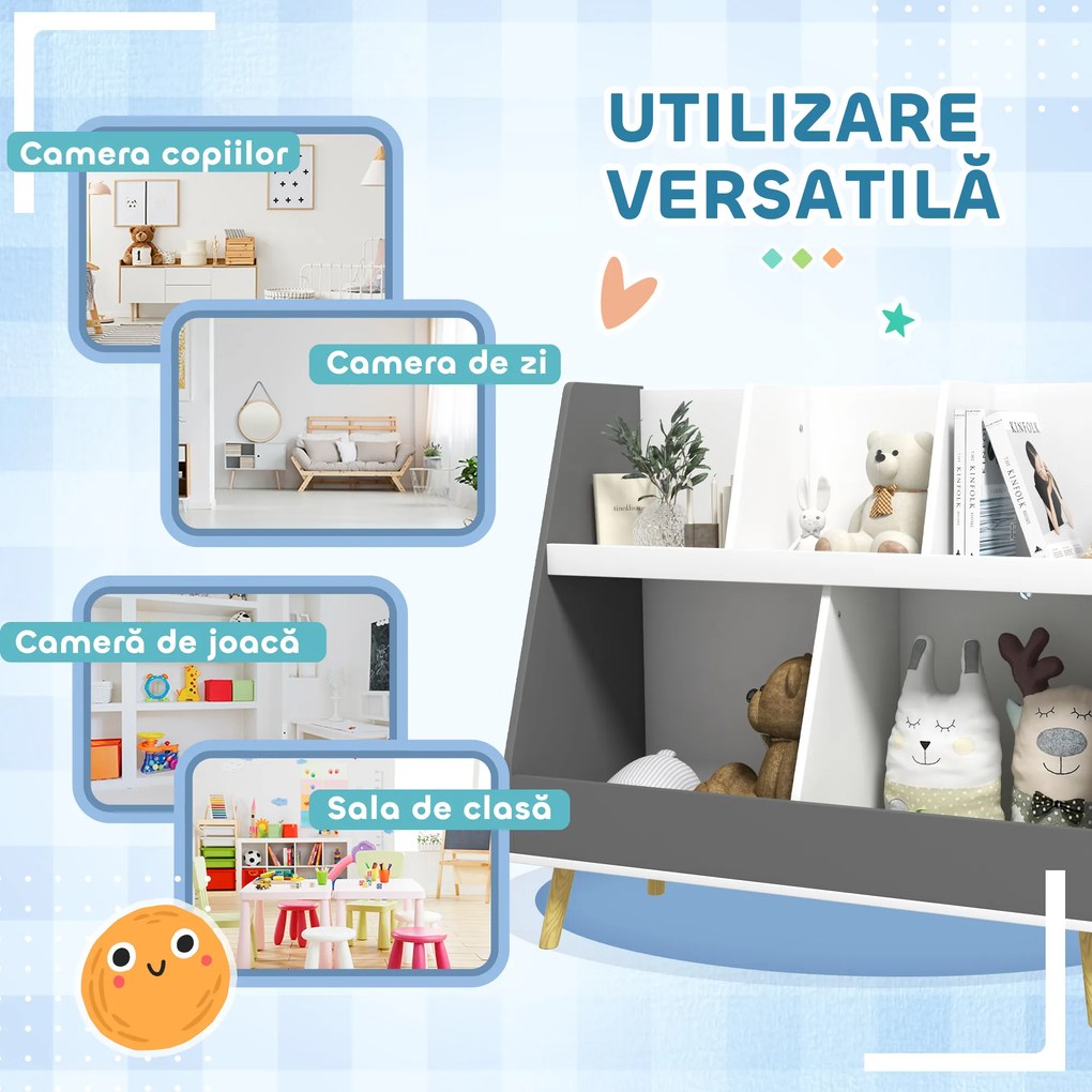 HOMCOM Raft de Depozitare pentru Jucării, Raft în 2 Niveluri pentru Jucării cu 5 Compartimente, 80x34x72.5 cm, Gri | Aosom Romania