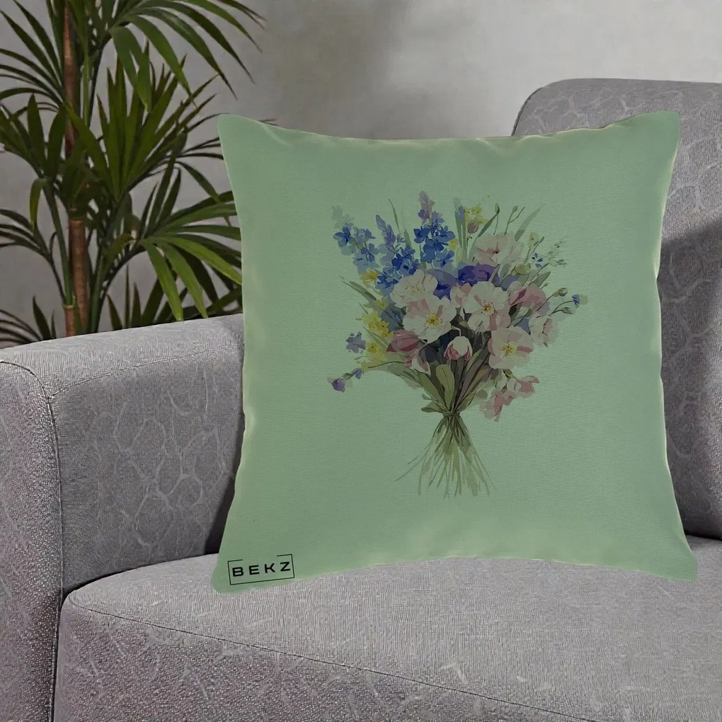 Perna Decorativa Buchet Floral Acuarela Primavara, 40x40 cm, Verde, Husa Detasabila, Perna Inclusa, BEKZ®