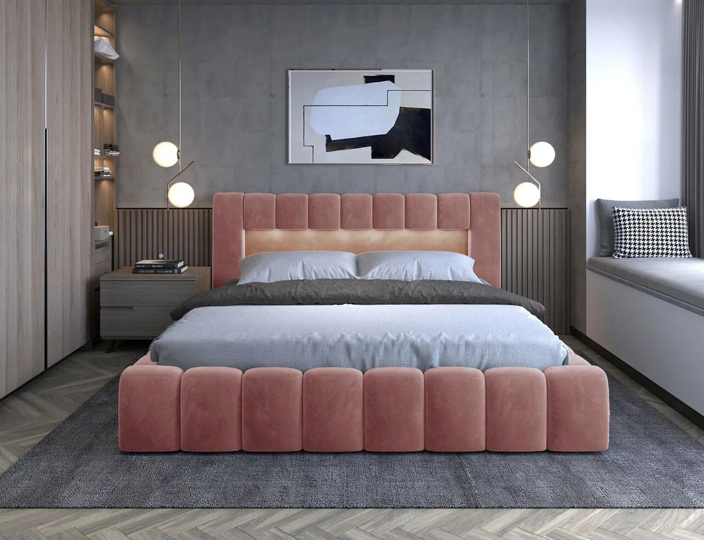 Pat tapitat cu somiera si lada depozitare, 140x200 cm, ELTAP, Lamica, lemn/poliester, roz