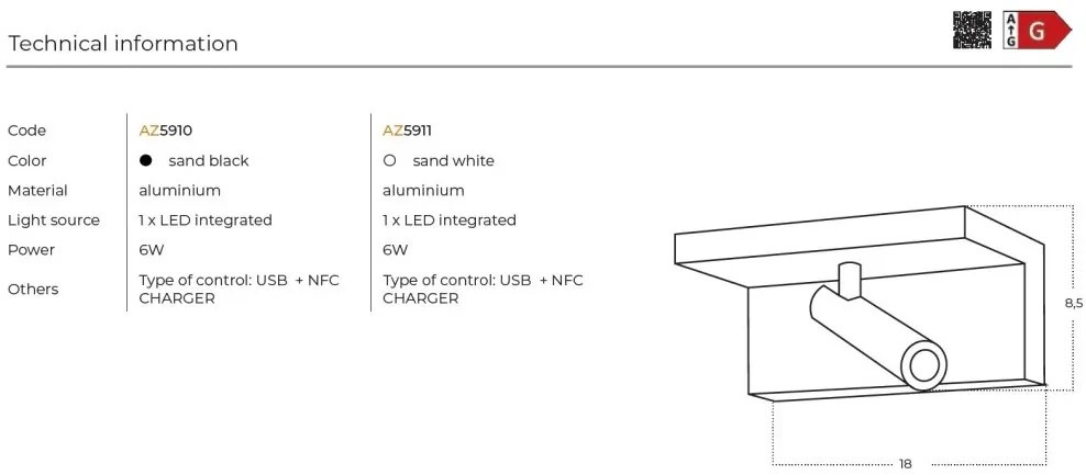 Aplica cu Spot LED HYLLA NFC charger neagra