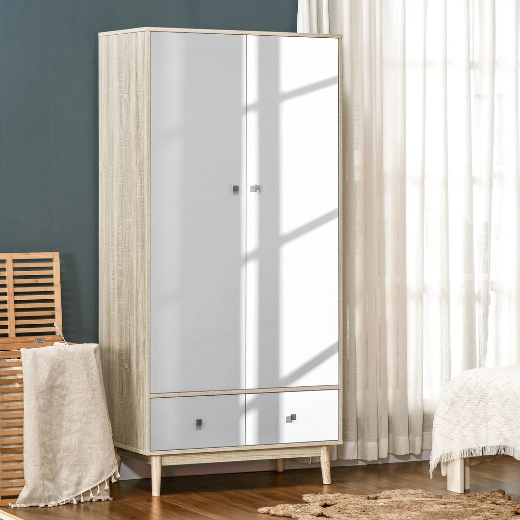 HOMCOM Dulap haine, 2 sertare si cuier, cu 2 usi, cu 4 compartimente, dulap cu sertar rezistent la apa si usor de curatat, alb, 90x50x190cm | Aosom Romania